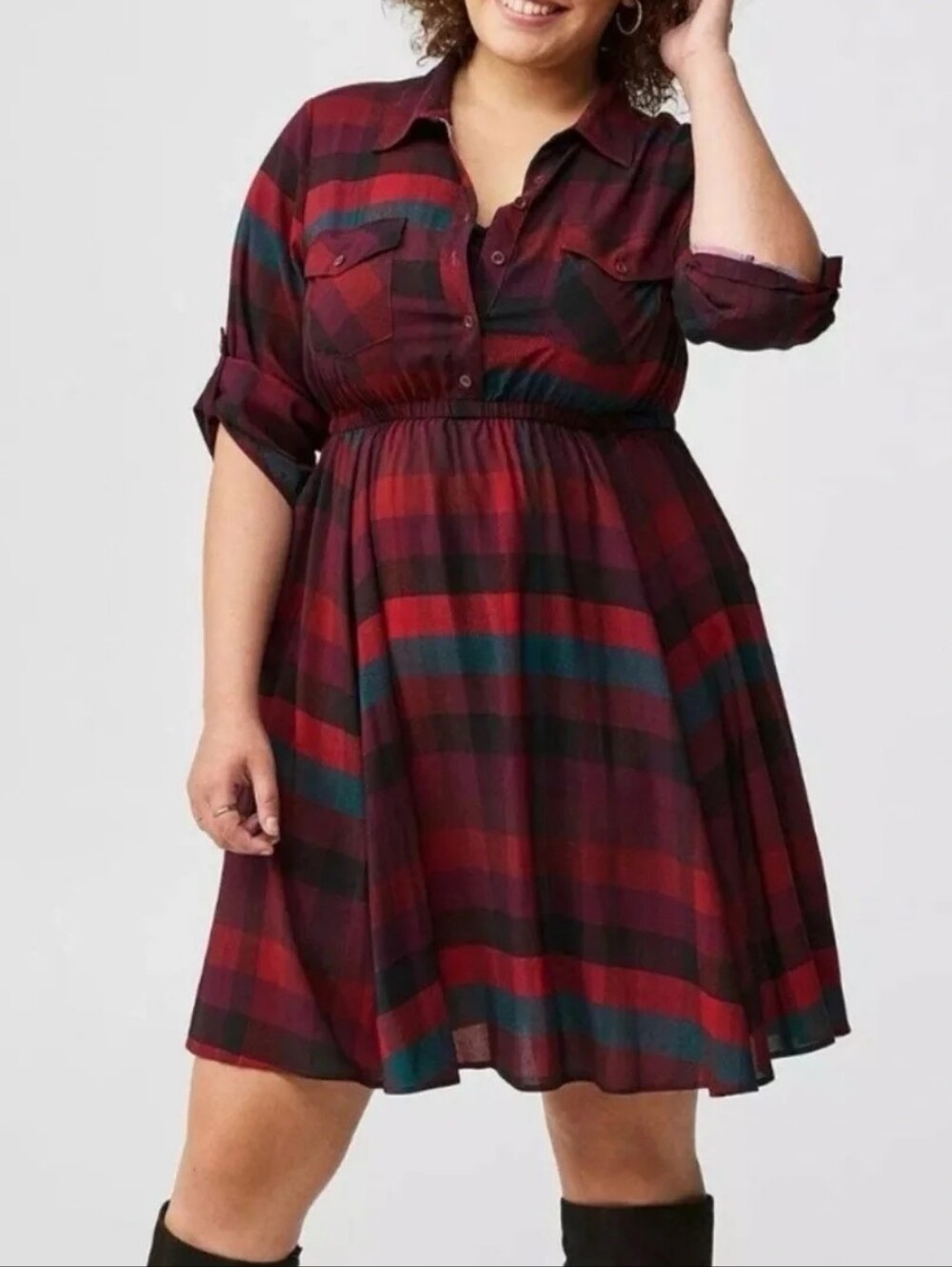NWT Torrid Mini Wash Challis Waist Tie Shirtdress Multi Block Plaid Burgundy